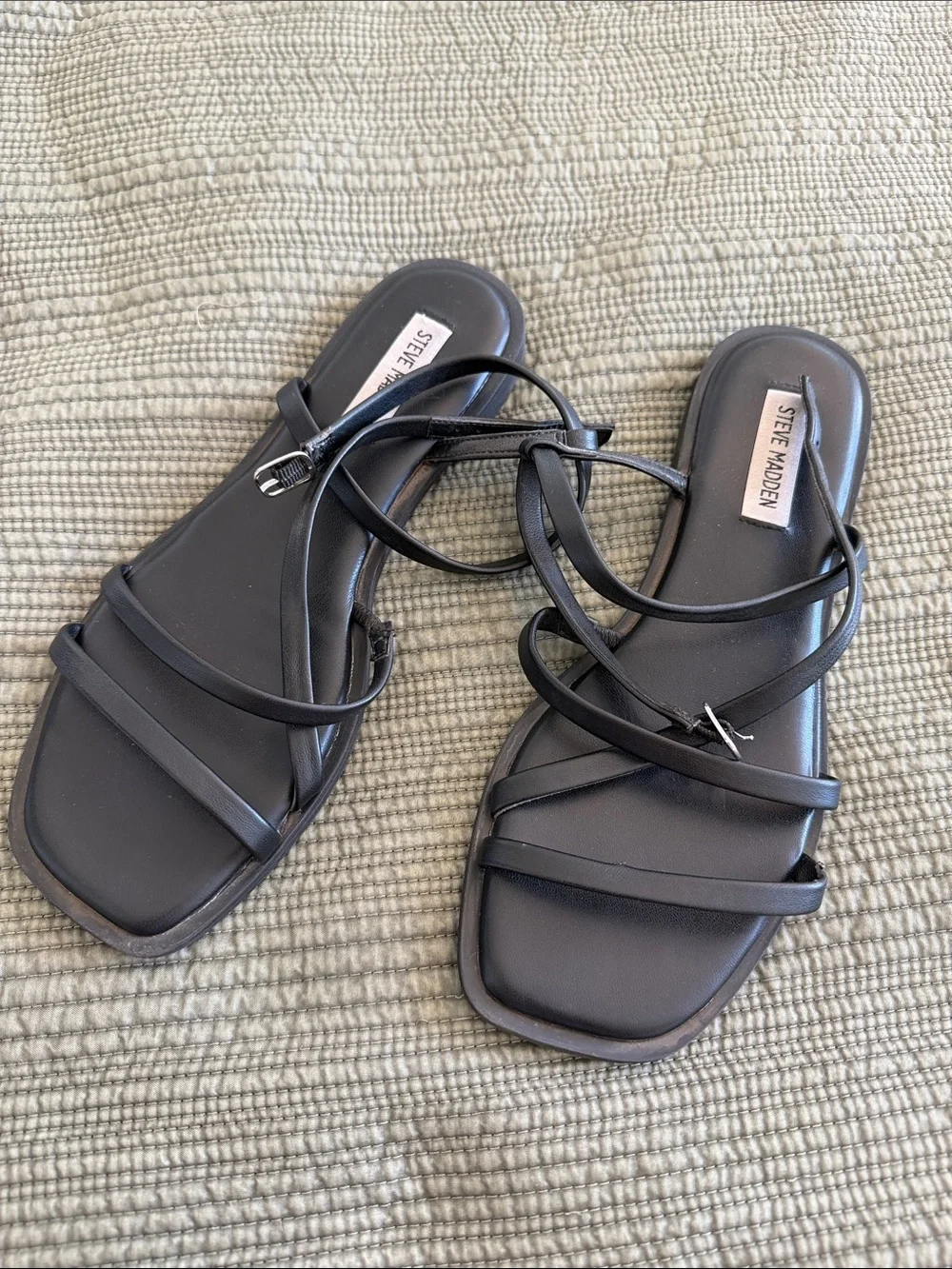 Steve Madden Black Leather Strappy Square-Toe Wrap Sandals
